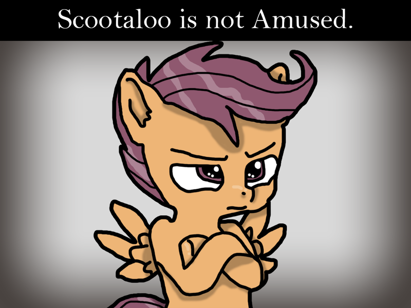 Size: 1024x768 | Tagged: safe, artist:background_pon3, derpibooru import, scootaloo, pegasus, pony, g4, angry, female, image, png, solo, text, unamused, wings