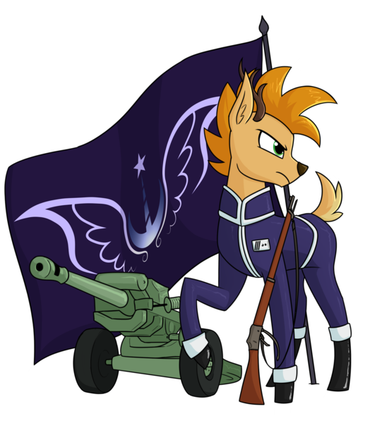 Size: 1460x1673 | Tagged: safe, artist:moonatik, derpibooru import, oc, oc:laurits rutger, unofficial characters only, deer, artillery, boots, clothes, commission, deer oc, flag, gloves, gun, image, lunar empire, male, military uniform, non-pony oc, png, rifle, shoes, simple background, solo, transparent background, uniform, weapon