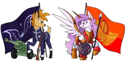 Size: 3335x1673 | Tagged: safe, artist:moonatik, derpibooru import, oc, oc:iron glamour, oc:laurits rutger, unofficial characters only, deer, pegasus, pony, armor, armored pony, artillery, boots, clothes, commission, deer oc, female, flag, gloves, gold, gun, image, lunar empire, male, mare, military uniform, non-pony oc, not celestia, pegasus oc, png, rifle, shield, shoes, simple background, solar empire, spear, transparent background, uniform, weapon, wings