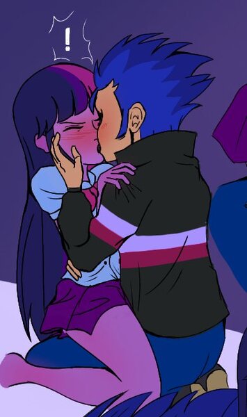 Size: 388x656 | Tagged: suggestive, artist:paracetamolnavo30, derpibooru import, flash sentry, twilight sparkle, human, equestria girls, g4, barefoot, blushing, duo, duo male and female, exclamation point, feet, female, flashlight, image, jpeg, kiss on the lips, kissing, kneeling, making out, male, shipping, straight