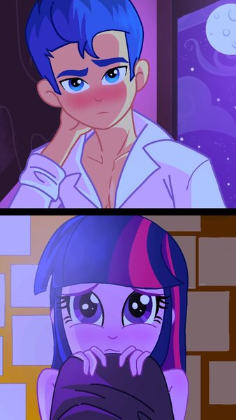 Size: 720x1280 | Tagged: safe, artist:paracetamolnavo30, derpibooru import, flash sentry, twilight sparkle, human, equestria girls, g4, bare shoulders, blushing, duo, duo male and female, female, flashlight, full moon, image, jpeg, male, moon, night, shipping, straight