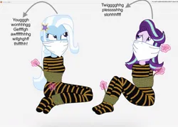 Size: 1280x918 | Tagged: safe, artist:robukun, derpibooru import, starlight glimmer, trixie, human, equestria girls, g4, bondage, cloth gag, deviantart, duo, duo female, female, gag, image, jpeg, muffled words, over the nose gag