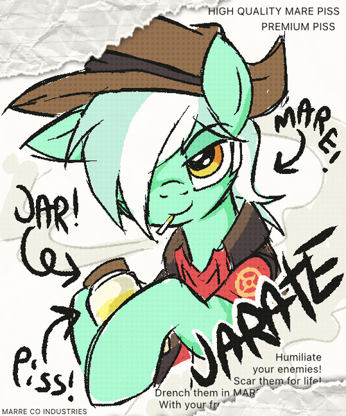 Size: 539x648 | Tagged: safe, artist:muffinz, derpibooru import, lyra heartstrings, pony, unicorn, g4, female, hat, horn, image, jar, jarate, l.u.l.s., mare, pee in container, piss jar, png, sniper (tf2), team fortress 2, urine