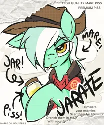 Size: 539x648 | Tagged: safe, artist:muffinz, derpibooru import, lyra heartstrings, pony, unicorn, g4, female, hat, horn, image, jar, jarate, l.u.l.s., mare, pee in container, piss jar, png, sniper (tf2), team fortress 2, urine