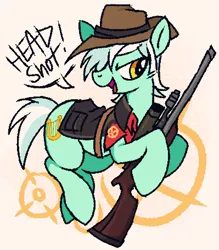 Size: 399x456 | Tagged: safe, artist:muffinz, derpibooru import, lyra heartstrings, pony, unicorn, g4, female, gun, hat, horn, image, mare, png, sniper (tf2), team fortress 2, weapon