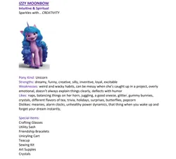 Size: 878x792 | Tagged: safe, derpibooru import, edit, edited screencap, official, screencap, izzy moonbow, pony, unicorn, g5, my little pony: a new generation, article, bible, bio, draft, element of creativity, female, g.m. berrow, horn, image, long mane, long tail, looking at you, mare, note, png, purple coat, purple eyes, smiling, smiling at you, tail, text, unshorn fetlocks