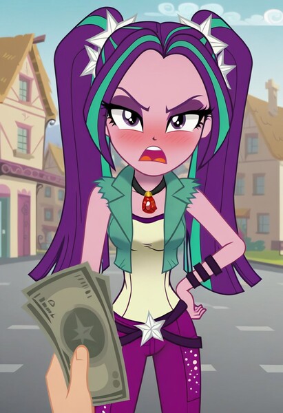 Size: 832x1216 | Tagged: safe, ai content, derpibooru import, machine learning generated, prompter:nwth, aria blaze, human, equestria girls, g4, angry, blushing, clothes, female, female focus, image, jpeg, looking at you, male, money, my little pony equestria girls: rainbow rocks, offscreen character, open mouth, outdoors, pigtails, pov, solo, solo focus, twintails