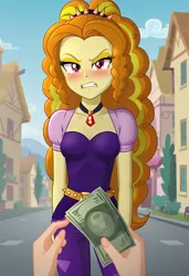 Size: 832x1216 | Tagged: safe, ai content, derpibooru import, machine learning generated, prompter:nwth, adagio dazzle, human, equestria girls, g4, angry, blushing, clothes, female, female focus, image, jpeg, looking at you, male, money, my little pony equestria girls: rainbow rocks, offscreen character, outdoors, pov, solo, solo focus, teeth