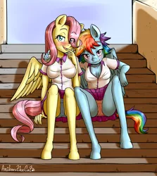 Size: 3396x3803 | Tagged: suggestive, artist:anibaruthecat, derpibooru import, fluttershy, rainbow dash, anthro, pegasus, unguligrade anthro, g4, bedroom eyes, breasts, busty fluttershy, busty rainbow dash, cameltoe, cleavage, clothes, commission, duo, duo female, eye clipping through hair, female, females only, flutterdash, image, lesbian, looking at you, my little pony, outdoors, panties, png, school uniform, shipping, sitting, skirt, underwear, upskirt