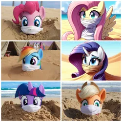 Size: 1080x1080 | Tagged: safe, ai content, derpibooru import, machine learning generated, applejack, fluttershy, pinkie pie, rainbow dash, rarity, twilight sparkle, alicorn, earth pony, pegasus, pony, unicorn, g4, beach, bondage, buried, buried in sand, cloth gag, female, gag, horn, image, mane six, mare, png, tent