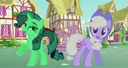 Size: 4096x2193 | Tagged: safe, derpibooru import, edit, edited screencap, screencap, applejack, rarity, earth pony, pony, unicorn, duo, duo female, female, green, horn, image, jpeg, purple, recolor