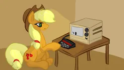 Size: 1366x768 | Tagged: safe, artist:anonymous, derpibooru import, earth pony, pony, g4, applejack's hat, cel shading, colored, computer, cowboy hat, drawthread, female, hat, image, mare, old computer, old tv, png, requested art, shading, sitting, solo, table, tv set, zx-81