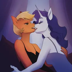 Size: 1920x1920 | Tagged: suggestive, artist:xilene, derpibooru import, applejack, rarity, anthro, earth pony, unicorn, g4, duo, duo female, female, horn, image, implied kissing, lesbian, open mouth, png, rarijack, shipping, tongue out