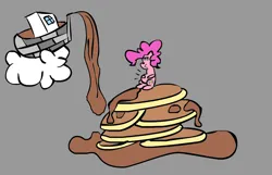 Size: 1070x690 | Tagged: safe, artist:anonymous, derpibooru import, pinkie pie, pony, g4, boat, cloud, drawthread, female, food, full, giant food, gravy boat, gray background, holding belly, image, mare, pancakes, png, pouring, pun, requested art, simple background, sitting, solo, syrup