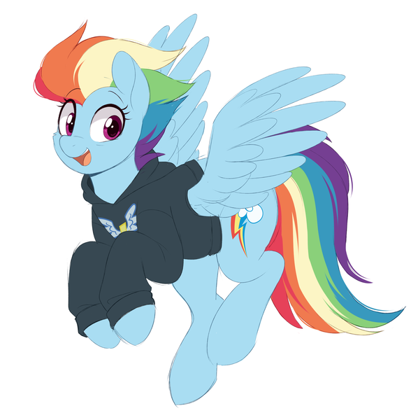 Size: 2360x2410 | Tagged: safe, artist:higgly-chan, derpibooru import, rainbow dash, pegasus, pony, g4, clothes, eye clipping through hair, female, flying, hoodie, image, looking at you, older, older rainbow dash, png, simple background, smiling, solo, white background, wings