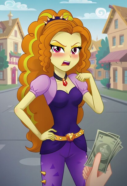 Size: 832x1216 | Tagged: suggestive, ai content, derpibooru import, machine learning generated, prompter:nwth, adagio dazzle, human, equestria girls, g4, angry, blushing, clothes, female, female focus, image, implied prostitution, implied sex, jpeg, looking at you, male, money, my little pony equestria girls: rainbow rocks, offended, offering, offscreen character, open mouth, outdoors, pov, solo focus, thin, wide hips