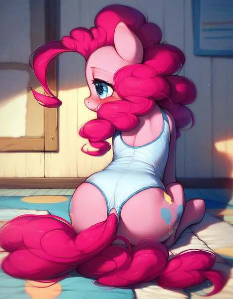 Size: 800x1024 | Tagged: prompter needed, suggestive, ai content, derpibooru import, machine learning generated, stable diffusion, pinkie pie, earth pony, pony, ai errors, blushing, both cutie marks, butt, clothes, cute, female, generator:purplesmart.ai, image, indoors, jpeg, leotard, looking away, mare, rug, sitting, smiling