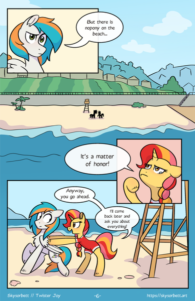 Size: 1522x2339 | Tagged: safe, artist:skysorbett, derpibooru import, oc, oc:peach bubble, oc:twister joy, unofficial characters only, pegasus, pony, unicorn, comic:breaking free #2, beach, clothes, comic, female, horn, image, lifeguard, male, mare, ocean, outdoors, png, stallion, swimsuit, water