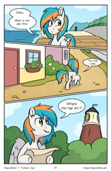 Size: 1522x2339 | Tagged: safe, artist:skysorbett, derpibooru import, oc, oc:twister joy, unofficial characters only, pegasus, pony, comic:breaking free #2, building, clock tower, comic, house, image, male, ocean, outdoors, png, stallion, street, town, water