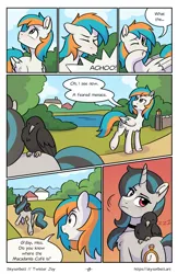 Size: 1522x2339 | Tagged: safe, artist:skysorbett, derpibooru import, oc, oc:smoky spectre, oc:twister joy, unofficial characters only, bird, crow, pegasus, pony, unicorn, comic:breaking free #2, comic, female, horn, image, male, mare, outdoors, png, stallion