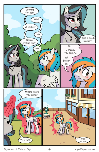 Size: 1522x2339 | Tagged: safe, artist:skysorbett, derpibooru import, oc, oc:smoky spectre, oc:twister joy, unofficial characters only, bird, crow, pegasus, pony, unicorn, comic:breaking free #2, building, cafe, comic, female, glow, glowing horn, horn, image, magic, male, mare, outdoors, png, stallion, teleportation