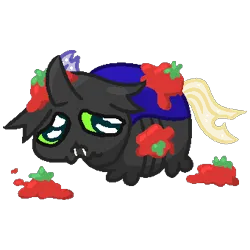 Size: 340x340 | Tagged: safe, artist:alejandrogmj, artist:wasisi, derpibooru import, oc, oc:wasisi, changeling, changeling oc, food, image, meme, png, ponified meme, teary eyes, tomato