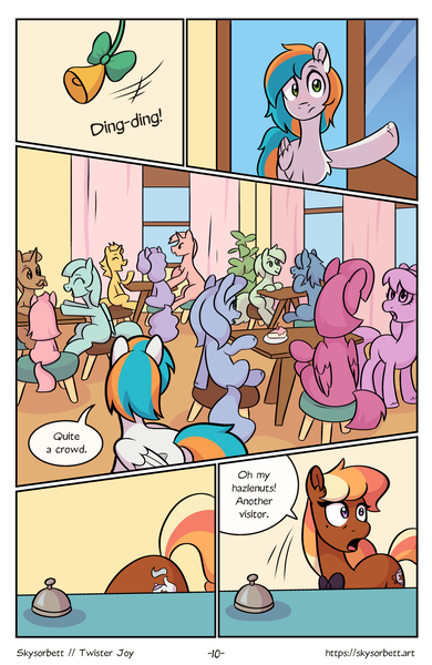 Size: 1522x2339 | Tagged: safe, artist:skysorbett, derpibooru import, oc, oc:hazel blossom, oc:twister joy, unofficial characters only, earth pony, pegasus, pony, comic:breaking free #2, bell, cafe, comic, crowd, female, image, indoors, male, mare, png, stallion