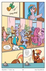 Size: 1522x2339 | Tagged: safe, artist:skysorbett, derpibooru import, oc, oc:hazel blossom, oc:twister joy, unofficial characters only, earth pony, pegasus, pony, comic:breaking free #2, bell, cafe, comic, crowd, female, image, indoors, male, mare, png, stallion