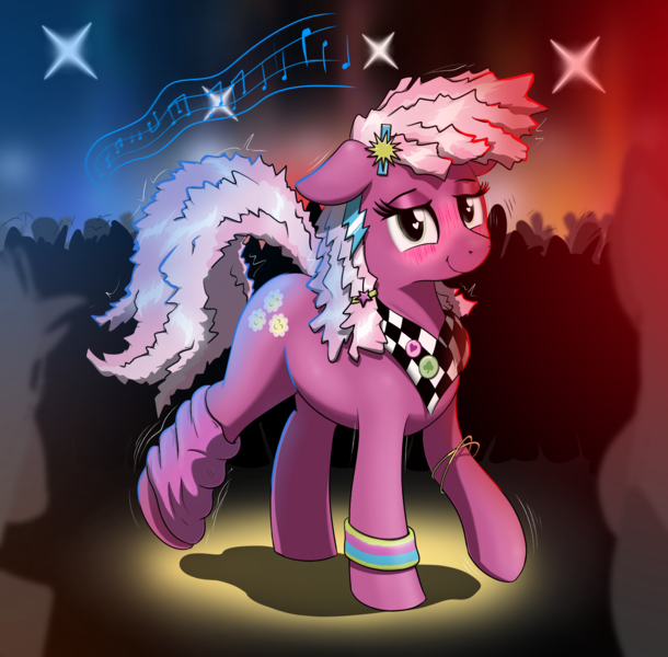 Size: 2520x2480 | Tagged: safe, artist:eels, derpibooru import, cheerilee, earth pony, pony, g4, 80s, 80s cheerilee, alternate hairstyle, blushing, concert, crowd, cutie mark, dancing, image, lidded eyes, music notes, png, smiling, smiling at you, solo, sparkles, wingding eyes