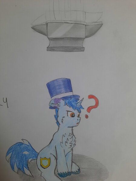 Size: 1536x2048 | Tagged: safe, artist:💎blue, derpibooru import, oc, oc:blueshield, unofficial characters only, pony, unicorn, anvil, chest fluff, confused, hat, horn, image, jpeg, looking down, male, paper, pencil drawing, question mark, shadow, stallion, top hat, traditional art, uh oh