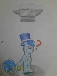 Size: 1536x2048 | Tagged: safe, artist:💎blue, derpibooru import, oc, oc:blueshield, unofficial characters only, pony, unicorn, anvil, chest fluff, confused, hat, horn, image, jpeg, looking down, male, paper, pencil drawing, question mark, shadow, stallion, top hat, traditional art, uh oh