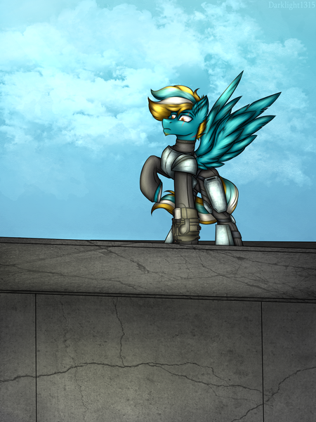 Size: 1500x2000 | Tagged: safe, artist:darklight1315, derpibooru import, oc, oc:windwave, unofficial characters only, pegasus, pony, fallout equestria, armor, cloud, combat armor, fallout equestria: dark delirium, image, male, pipbuck, png, roof, solo, stallion, wings