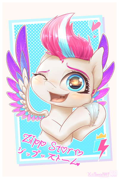 Size: 3000x4500 | Tagged: safe, artist:phoenixrk49, derpibooru import, zipp storm, pegasus, pony, g5, adorazipp, cute, eye reflection, female, heart, high res, hooves together, image, japanese, katakana, mare, moon runes, name, one eye closed, open mouth, open smile, png, reflection, smiling, solo