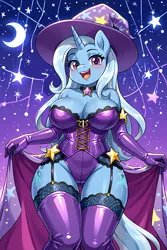 Size: 3072x4608 | Tagged: source needed, suggestive, ai content, derpibooru import, machine learning generated, prompter:the emissary, trixie, anthro, unicorn, g4, blushing, boots, breasts, clothes, corset, female, gloves, hat, horn, image, jewelry, latex, latex corset, latex gloves, latex stockings, magician outfit, moon, necklace, night, png, shoes, socks, solo, solo female, stars, stockings, thigh highs, wizard hat