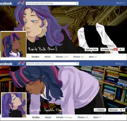 Size: 2044x1945 | Tagged: safe, artist:killektric, derpibooru import, rarity, twilight sparkle, human, bed, bedroom eyes, blushing, book, bookshelf, clothes, cute, dark skin, duo, duo female, ear piercing, earring, eyes closed, eyeshadow, facebook, feet, female, humanized, image, jewelry, jpeg, lesbian, lying down, makeup, meme, pants, piercing, ponified meme, prone, raribetes, ship:rarilight, shipping, shirt, socks, stocking feet, sweater, twiabetes