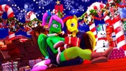 Size: 1920x1080 | Tagged: safe, artist:shadowuwu, ponerpics import, oc, oc:zippy sparkz, anthro, boots, breasts, christmas, christmas lights, christmas sweater, cleavage, clothes, gloves, holiday, image, looking at each other, male, png, shoes, sweater