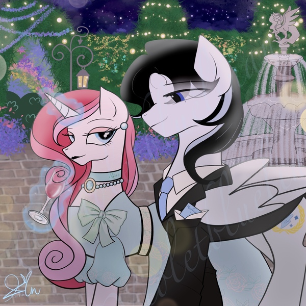 Size: 2048x2048 | Tagged: safe, artist:violetbluelinan, derpibooru import, oc, oc:azurite, oc:violetta, unofficial characters only, pegasus, pony, unicorn, alcohol, background, bush, clothes, couple, date, dress, female, flirting, fountain, garden, gem, glass, gown, horn, image, jpeg, male, night, outdoors, smiling, suit, wine, wine glass