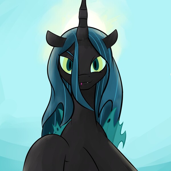 Size: 1280x1280 | Tagged: safe, artist:companioncube, artist:limelightu, queen chrysalis, changeling, changeling queen, female, image, jpeg, looking at you, looking down, looking down at you, sky, solo, tongue out