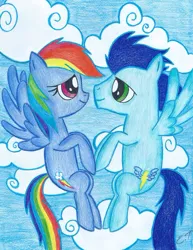 Size: 464x600 | Tagged: artist needed, source needed, safe, derpibooru import, rainbow dash, soarin', pegasus, pony, female, image, jpeg, male, mare, shipping, soarindash, stallion, straight, traditional art