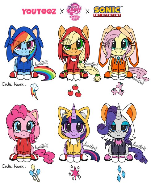 Size: 3336x4096 | Tagged: safe, artist:kawaiiklau, derpibooru import, applejack, fluttershy, pinkie pie, rainbow dash, rarity, twilight sparkle, twilight sparkle (alicorn), alicorn, earth pony, pegasus, pony, unicorn, amy rose, boots, clothes, cosplay, costume, cream the rabbit, crossover, female, gloves, hoodie, horn, image, jpeg, knuckles the echidna, mane six, mare, miles "tails" prower, rouge the bat, shadow the hedgehog, shoes, simple background, sitting, sonic the hedgehog, sonic the hedgehog (series), white background, youtooz, youtooz mlp design competition