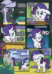 Size: 1920x2715 | Tagged: safe, artist:alexdti, derpibooru import, rarity, oc, oc:freako, oc:penumbra shard, pony, unicorn, comic:how we met, g4, comic, crying, desk, female, filly, filly rarity, foal, horn, image, jpeg, purple mane, younger