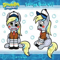 Size: 2048x2048 | Tagged: safe, artist:jessomatsu, derpibooru import, derpy hooves, pegasus, pony, g4, blushing, bubble, bubble wand, clothes, cosplay, costume, crossover, female, hat, image, jpeg, mare, mouth hold, shoes, shorts, sitting, socks, solo, spongebob squarepants, spongebob squarepants (character), youtooz, youtooz mlp design competition