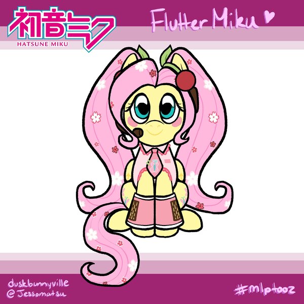 Size: 2048x2048 | Tagged: safe, artist:jessomatsu, derpibooru import, fluttershy, pegasus, pony, alternate hairstyle, blushing, clothes, cosplay, costume, cute, female, hatsune miku, headset, image, jpeg, mare, necktie, shirt, shyabetes, sitting, skirt, solo, vocaloid, youtooz, youtooz mlp design competition