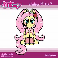 Size: 2048x2048 | Tagged: safe, artist:jessomatsu, derpibooru import, fluttershy, pegasus, pony, alternate hairstyle, blushing, clothes, cosplay, costume, cute, female, hatsune miku, headset, image, jpeg, mare, necktie, shirt, shyabetes, sitting, skirt, solo, vocaloid, youtooz, youtooz mlp design competition