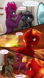 Size: 2160x3840 | Tagged: safe, artist:crimsonwolf360, derpibooru import, tempest shadow, oc, oc:crimson sky, oc:midnight shadow, pegasus, pony, unicorn, g4, bathroom, bedroom, blood, blushing, chest fluff, comic, haircut, herd, horn, image, mohawk, nervous, nosebleed, png, smiling, speech bubble, sunset