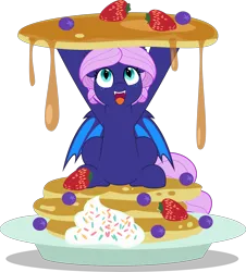 Size: 4520x5000 | Tagged: safe, artist:jhayarr23, ponerpics import, oc, oc:spiral galaxies, pony, female, food, happy, image, mare, open mouth, pancakes, png, solo, vector