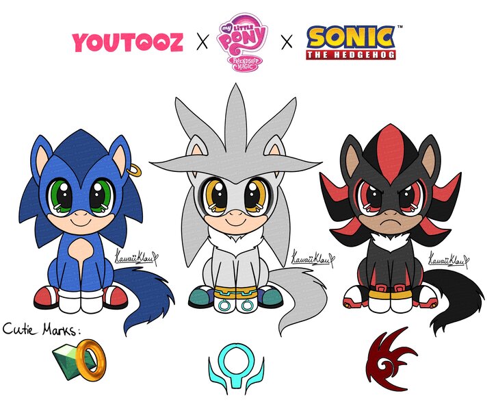 Size: 3399x2814 | Tagged: safe, artist:kawaiiklau, derpibooru import, ponified, earth pony, pony, clothes, ear piercing, earring, gloves, golden eyes, green eyes, image, jewelry, jpeg, piercing, red eyes, shadow the hedgehog, shoes, silver the hedgehog, simple background, sitting, sonic the hedgehog, sonic the hedgehog (series), white background, youtooz, youtooz mlp design competition