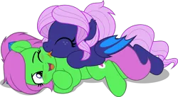 Size: 5001x2746 | Tagged: safe, artist:jhayarr23, ponerpics import, oc, oc:spiral galaxies, oc:zippy sparkz, bat pony, pony, bat pony oc, bat wings, blushing, cuddling, duo, eyes closed, female, image, mare, png, tongue out, vector, wings