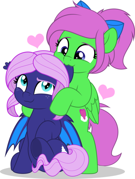 Size: 3781x5001 | Tagged: safe, artist:jhayarr23, ponerpics import, oc, oc:spiral galaxies, oc:zippy sparkz, bat pony, pony, bat pony oc, bat wings, duo, female, image, looking at each other, mare, nibbling, png, vector, wings