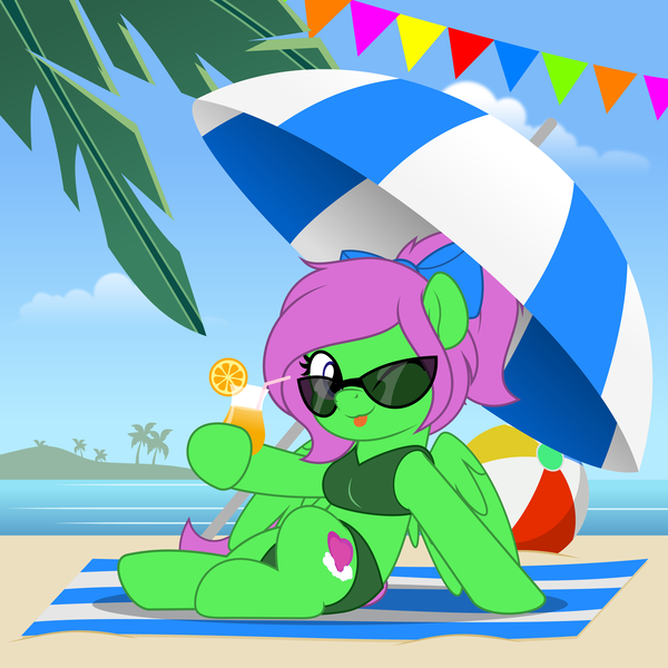 Size: 5000x5000 | Tagged: safe, artist:jhayarr23, ponerpics import, oc, oc:zippy sparkz, pony, beach, bikini, clothes, female, image, mare, one eye closed, png, sunglasses, swimsuit, tongue out, vector